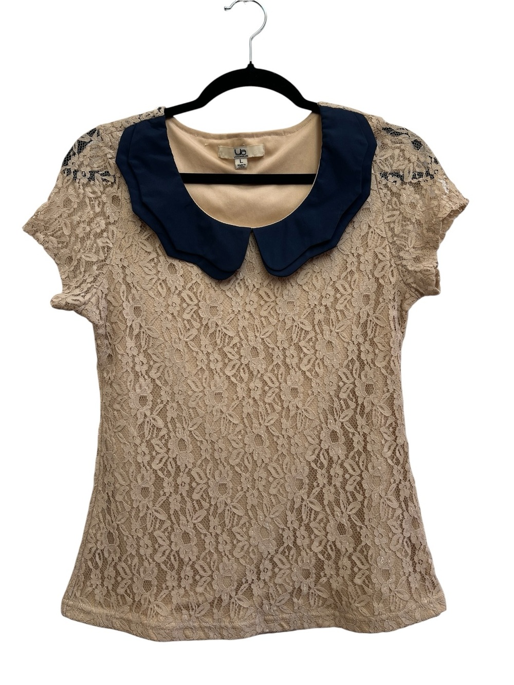 Ya Los Angeles Beige Lace Top Blue Peter Pan Collar Size L Romantic Coquette